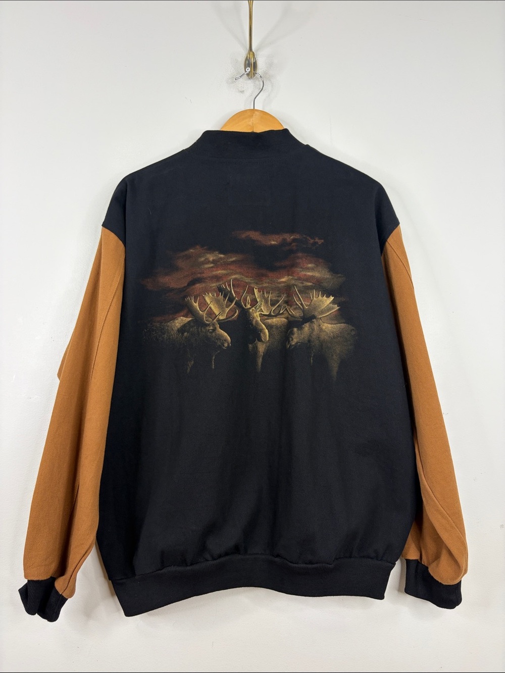 Vintage Jacket Men Medium Black Brown Cotton Twill Moose Oversized Bomber Canada